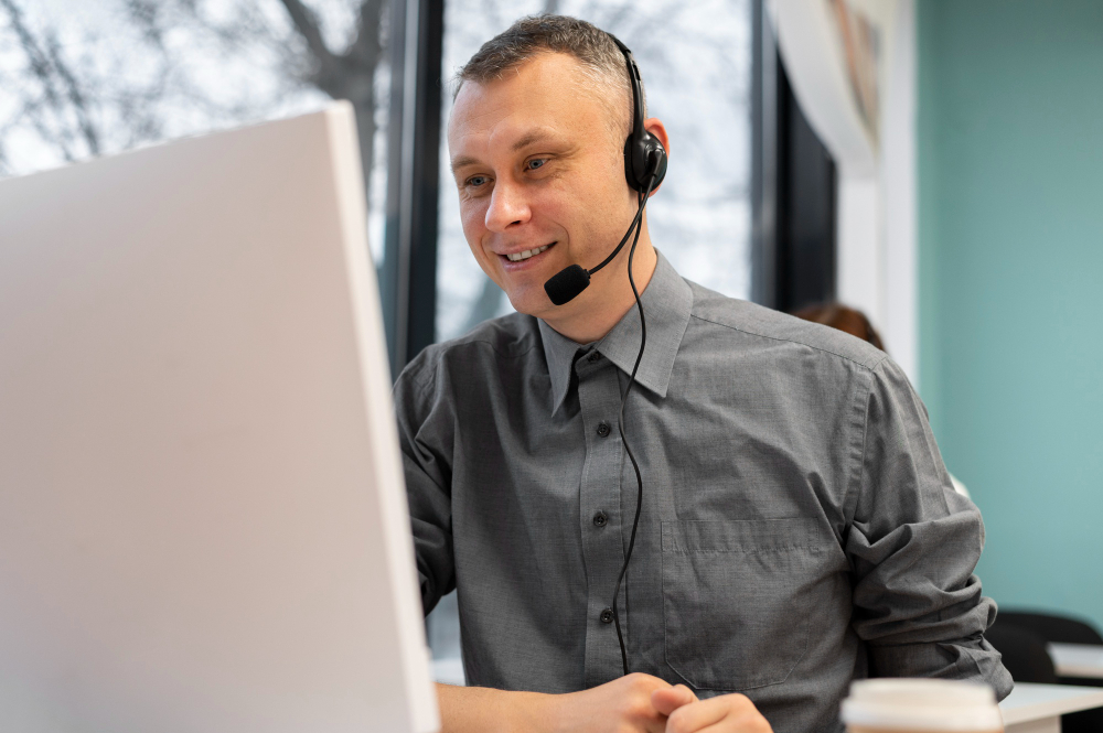 A customer support representative wearing a headset and smiling while working on a computer in a bright office.