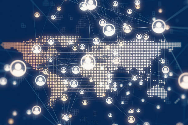 A digital world map with glowing user icons connected by lines, representing global networking and communication.
