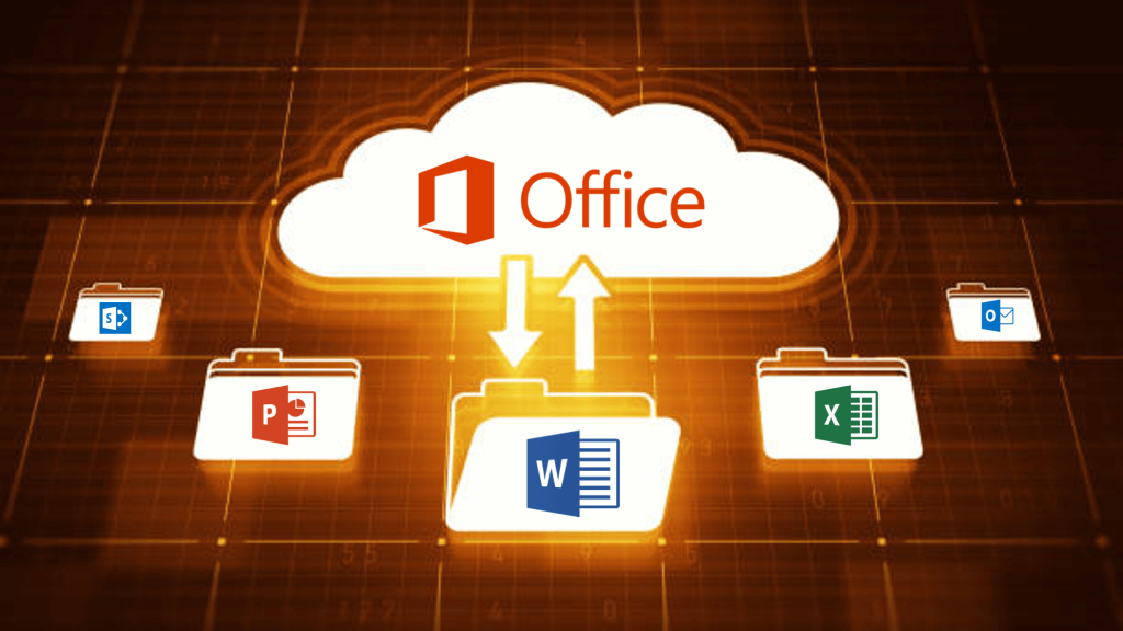 A digital graphic illustrating Microsoft Office cloud storage and file migration, featuring icons for Word, Excel, PowerPoint, Outlook, and SharePoint.