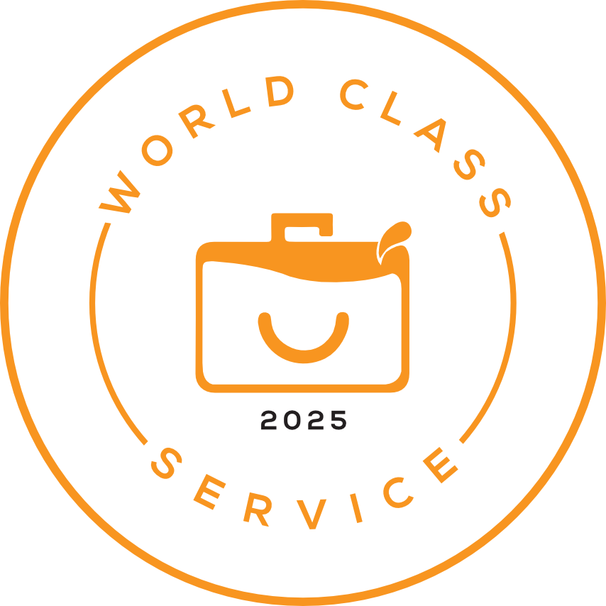 World Class Service 2025 award badge featuring an orange briefcase icon surrounded by circular text